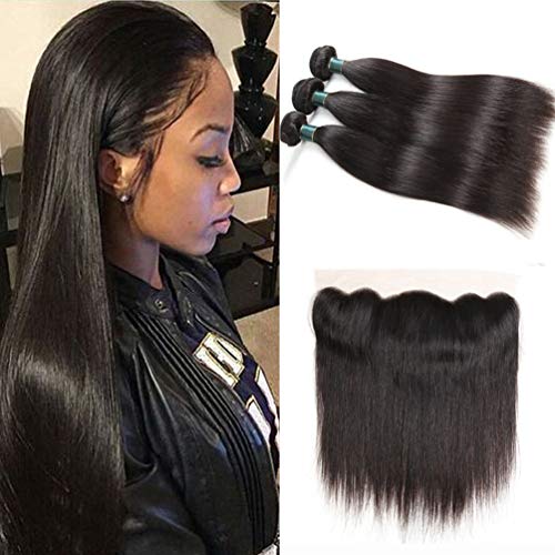 8A Brazilian Virgin Hair Straight Human Hair with Frontal Brazilian Straight Hair Lace Frontal Closure with Bundles Straight Hair Bundles with Lace Frontal(18 18 18+16 frontal, Natural Color).