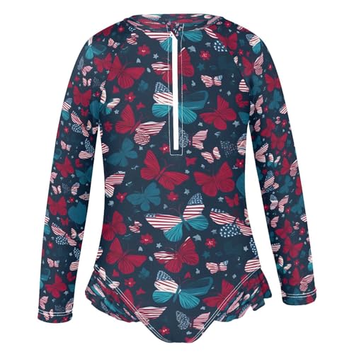 July 4th Butterflies Girls Long Sleeve Swimsuits One Piece Zipper Bathing Suit UPF 50+ Rashguard Swimwear2