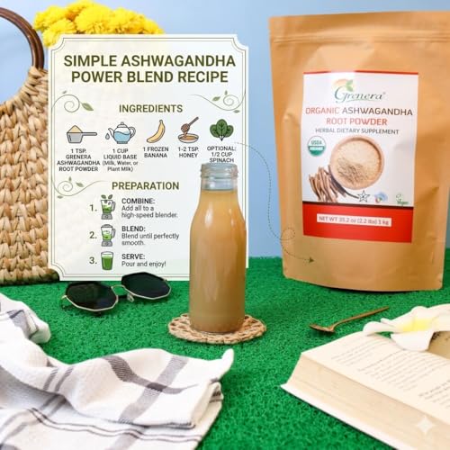 Image of Grenera Organic Ashwagandha Root Powder | USDA Organic, Vegan & Kosher Certified | Non-GMO & Gluten Free | Ashwagandha Powder for Smoothies, Drinks & Recipes | Lab Tested | 2.2 lbs (1 kg)