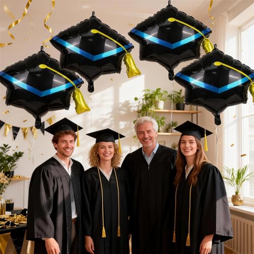 Image of Graduation Cap Balloons, Congrats Balloon for Graduation Decorations 4 Pcs Black Gold 2026 Grad Hat Foil Mylar Balloon for High School College Class of 2026 Congratulations Graduate Party Decoration