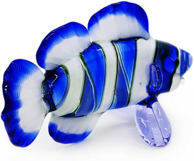 Miniatura 3 de WitnyStore Figura de pez payaso azul y blanco de 3 pulgadas, miniatura soplado a mano, animales de cristal soplado a mano, colorido pez payaso, pez