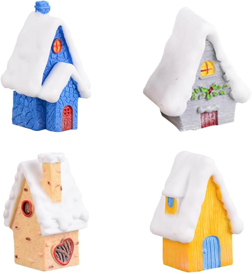 Kisangel 4Pcs Mini Christmas Houses Resin Ornaments Snow Scene Small DIY Micro Landscape Fairy Garden Decor Table Centerpiece