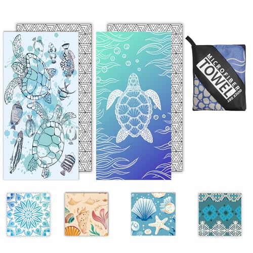 Microfibre Beach Towels for Adults - 2 Pack 180x100cm Lightweight Beach Towel Extra Large, Sand Free & Quick Dry Beach Towel Extra Large for Travel, Swim, Sports(Double Turtle)
