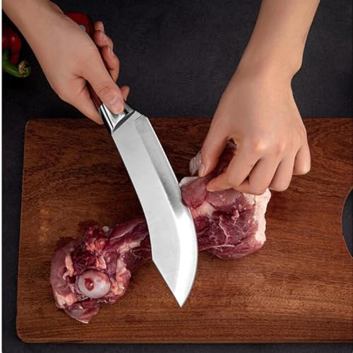 Image of Butcher Knife with Curved Blade and Wooden Handle, Kitchen Cutting Knife for Meat and Vegetables