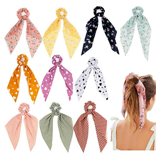 Hair Scarf Scrunchies, Hair Ribbon Bow Scrunchies, Soft Scarf Hair Ties Bowknot Ponytail Holder for Women Girls Leopard Chiffon Floral Scrunchies Great Gift (10pset5)
