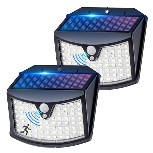 Giliwosy Luz Solar Exterior, 2 Paquete/3 Modos IP65 Impermeable Focos LED Exterior Solares con Sensor de Movimiento, Luces Solares LED Jardin para Garajes Caminos Puertas (Blanco Frío)