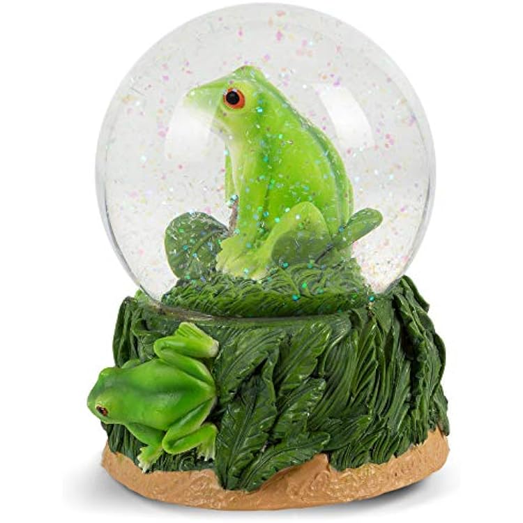 Elanze Designs Playful Green Tree Frog Tabletop Figurine Forest Hopping Log Leaves 100MM Sturdy Glitter Water Wind Up Musical Snow Globe Plays Tune Beautiful Dreamer