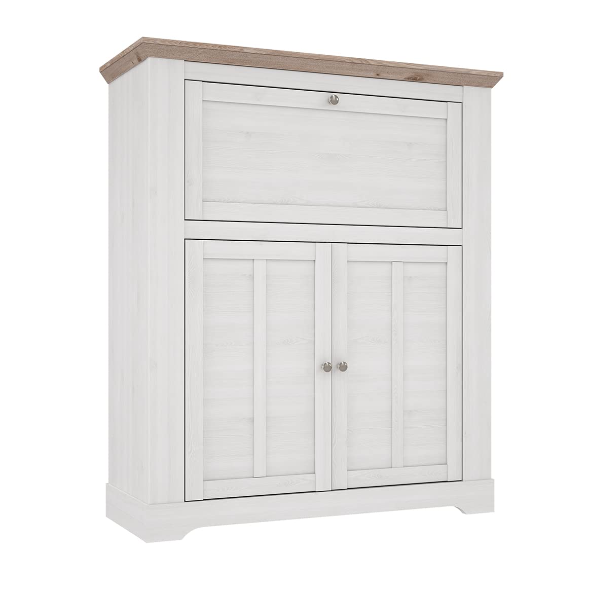 Mueble Bar 115 cm 1 tapa 2 puertas asas metal decoración roble claro blanqueado estilo clásico chic y campo - Ángele