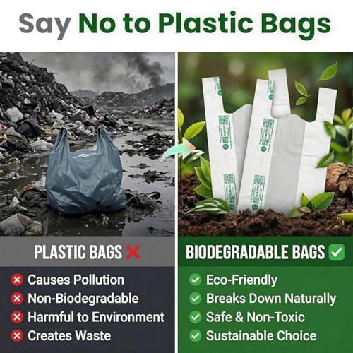 Image of ECOZ Compostable & Biodegradable Carry Bags | Eco-Friendly Plastic-Free Shopping Bag for Grocery, Food, Retail & Vegetables | 8x10 Inch | Approx Pack of 200 | Load 1kg Capacity | for Supermarket