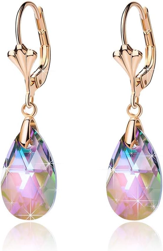 Austrian Crystal Teardrop Leverback Dangle Earrings for Women Fashion 14K Gold Plated Hypoallergenic Jewelry