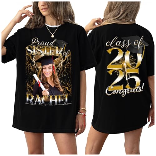 Custom Graduation Family Shirt with Name & Photo – Proud Mom Dad Sister Brother of 2025 Graduate – Personalized Senior T-Shirt for Ceremony, College Gift, Mother's Father's Day Black