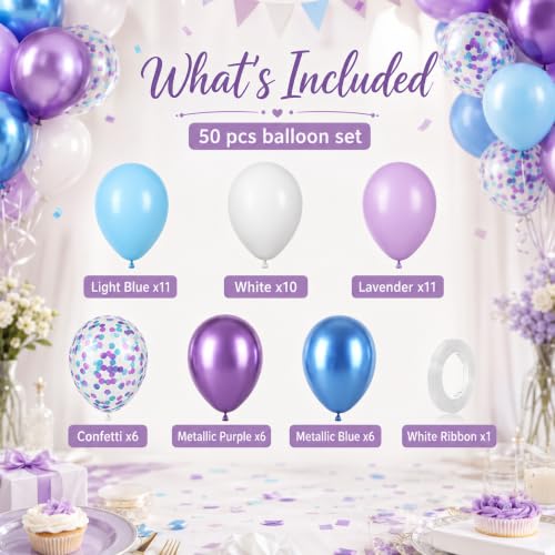 Image of Blue and Purple Balloons Set, 50 PCS Blue 12 Inch Mermaid Balloon, Metallic Purple White Latex Ballons Confetti Helium Balloons for Girls Mermaid Birthday Party Baby Shower Winter Supplies