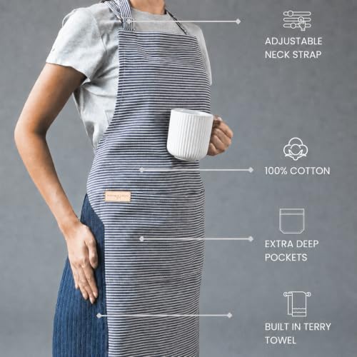 Image of Kitchen Apron - 100% Cotton, Adjustable Neck strap, Large Pocket - Unisex Apron for Men & Women - Cooking, Baking, BBQ, Gardening - Solid Colours, Striped and Checkered Patterns