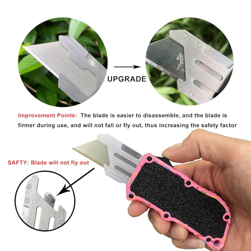 Image of Caressolove Automatic Utility Knife, Premium Pink Retractable Box Cutter, Cute Aluminum Alloy Heavy Duty Pocket Knife, Safety Replaceable Blade EDC Razor Knives with 5PCS Blades