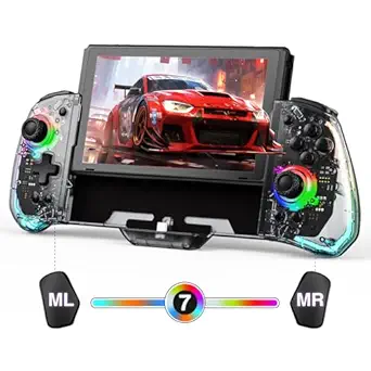 Switch Handheld Controller Compatible with Nintendo Switch/OLED Joycon Replacement, Clear Switch One-Piece Joypad Controllers with 8 LED Color Lights/Adjustable Turbo/Dual Motor Vibration
