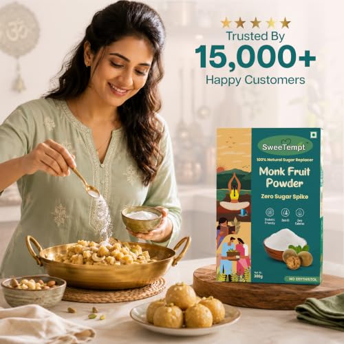 Image of SweeTempt Monk Fruit Sweetener Powder 300g PK of 2 | Zero Calorie Sugar Substitute | No Erythritol | Diabetic, Keto & PMOS Friendly | 250 Serving | 1:1 Sugar Replacer for Cooking & Baking, Tea, Coffee & Sweets