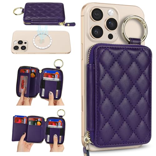 Image of Compatible with MagSafe Wallet,Magnetic Phone Wallet Card Holder for iPhone 17 /16 Pro Max /15 Pro /14 Plus /13 /12 Series,PU Leather Zipper Pocket Adjustable Stand-Purple
