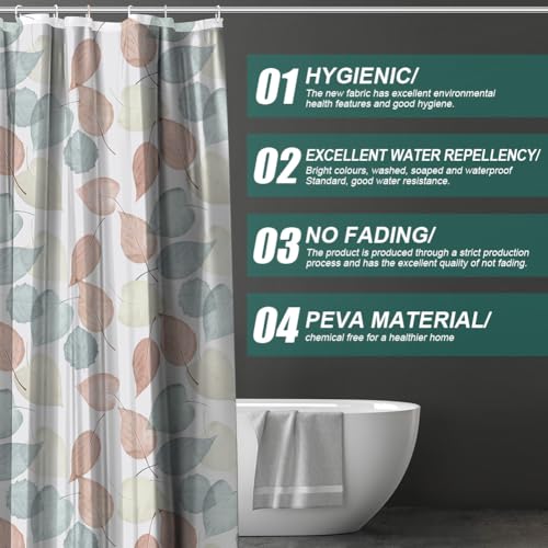URAQT Shower Curtain Anti Mould, Waterproof PEVA Bath Curtains, Mildew Resistant Bathroom Shower Curtains with 12 Hooks, Green Leaves Bathtub Curtains for Bathtub Shower, 180 x 180 cm, Colored Leaves - Image 4