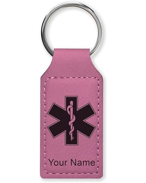 LaserGram Rectangle Keychain, Star of Life, Personalized Engraving Included (Pink)