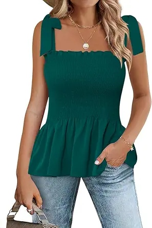Micoson Ruffle Tank Tops for Women Summer Square Neck Sleeveless Tops Tie Shoulder Chiffon Blouse Babydoll Shirts