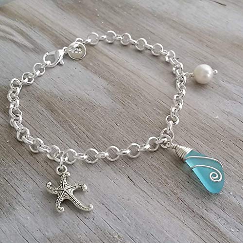 Yinahawaii Handmade Wire Wrapped Blue Sea Glass Bracelet, Starfish Charm, Natural Pearl, (Hawaii Gift Wrapped, Customizable Gift Message) #TOP3