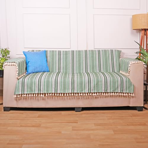 Image of STITCHNEST Woven 3 Seater Sofa Protector with 2 Hand Rest Covers - Green & White Stripe Design - Washable Fabric with Tassels - Stylish Sofa Cover for Modern Living Room & Furniture Decor