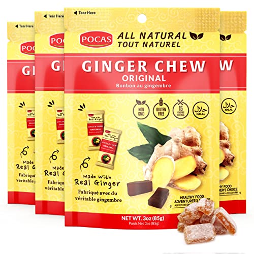 Pocas Ginger Chews (Pack of 4) ORIGINAL Flavor 3oz – Ginger Candy Chews, Non-GMO, Gluten-Free, Ginger Candy for Nausea, Morning Sickness Relief, Candied Ginger