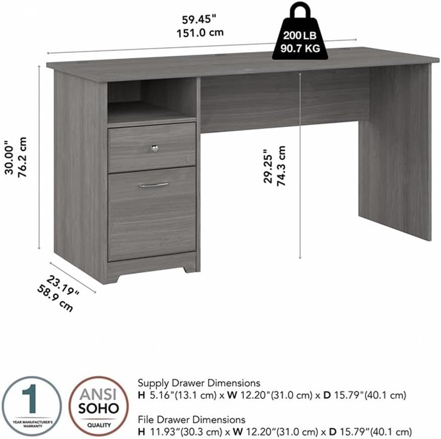 Bush Home Cabot 60W Computer Desk with Drawers in Modern Gray, Workstation and File Storage, Desktop with Organization Solutions for Home Office