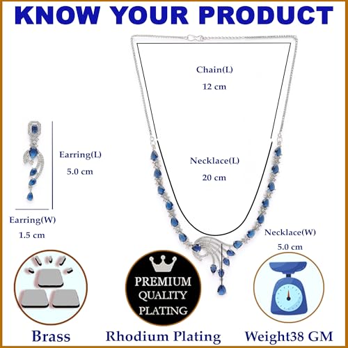 Image of ZENEME Rhodium Plated Silver Toned American Diamond Studded Paisley Necklace With Earrings Jewellery Set For Women & Girls