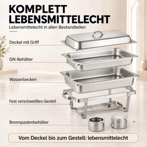 Foto von Warmhaltebehälter für Essen GN 1/1, Chafing Dish Edelstahl 9 L, Rechaud | Großer Buffetwärmer mit GN-1/1-Behälter & Deckel, Speisenwärmer mit Wasserbad, für Grillgut, Buffet, Catering & Events