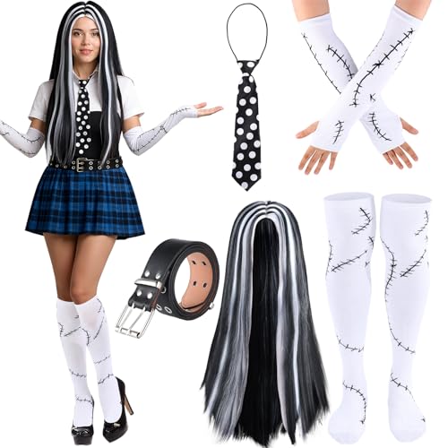 Newcotte 5 Pcs Halloween Girl Costume Set for Women Include Black and White Wig Adjustable Necktie Belt High Knee High Socks Fingerless Gloves for Adult Halloween Cosplay Party