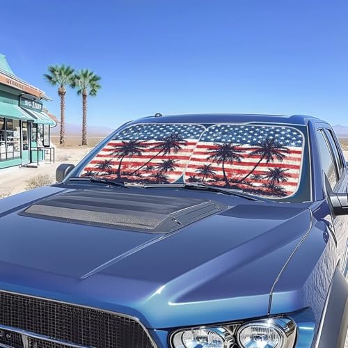 Image of 2 PCS Windshield Sun Shade Foldable Palm Tree American Flag Car Front Window Sunshade for Most Cars SUV Truck Heat Shield Sun Visor Removable Automotive Accessories