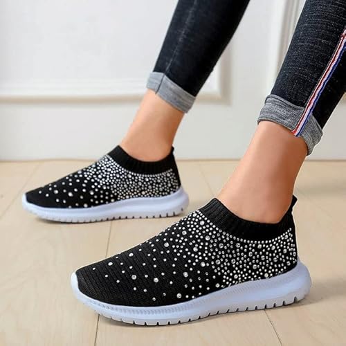 Angrymonkey Women's Rhinestones Mesh Sport Slip-On Shoes,Non Slip Good Arch Breathable Lightweight Casual Sock Sneaker Nurse Shoes (9,Black,9) #TOP4