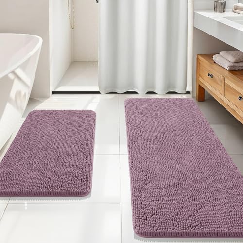 Image of OLANLY Bathroom Rugs Sets 2 Piece, Soft Absorbent Chenille Bath Mats Area Rug Set, Non-Slip, Quick Dry, Machine Washable Bath Mats for Bathroom, Home Decor Accessories (59 inchx20 inch+30 inchx20 inch, Deep Plum)
