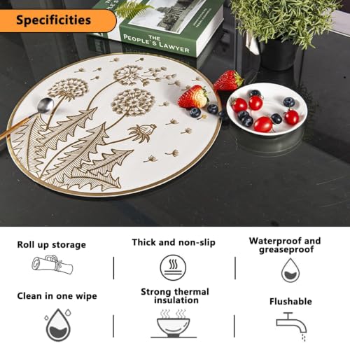 Image of Dakshya Industries Dining Table Mats Round PVC Set | 6 Waterproof Placemats (38 x 38 cm) + 1 Table Runner (91 x 33 cm) | Heat Resistant, Kitchen Decor (Silvora)