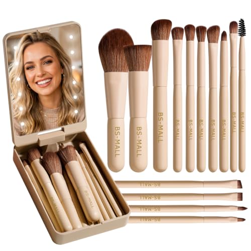 BS-MALL 14Pcs Travel Makeup Brush Set LED Mirror (Beige)