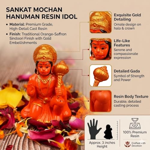 Image of Orange Hanuman Ji Murti Blessing Hanuman Idol Sitting Bajrangbali Balaji Sankat Mochan Bhagwan Statue with Gada for Temple Mandir Car Dashboard Home Decor Resin Hanuman Statue 3.1 Inches