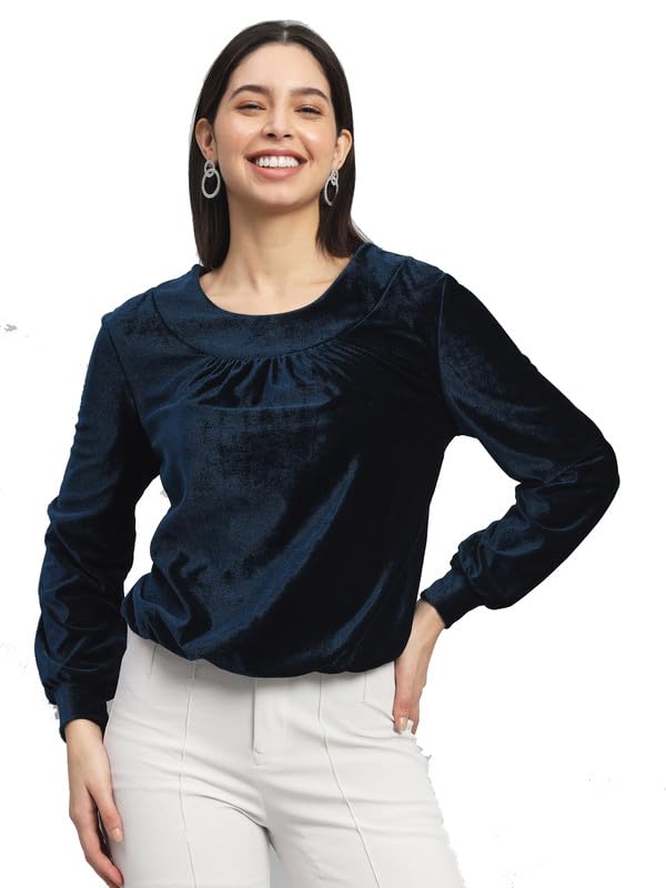 vaararo Velvet Blouson Top for Women | Round Neck Puff Sleeves Stylish Party Outfit-picture-53