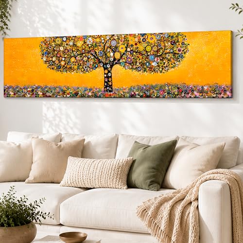 Image of Abstract Botanical Tree Stretched Canvas Wall Art Painting for Living Room, Horizontal Wildflower Meadow Canvas Wall Decor For Livingroom, Bedroom, Office, Hallway's, Hotel 12x46 Inch