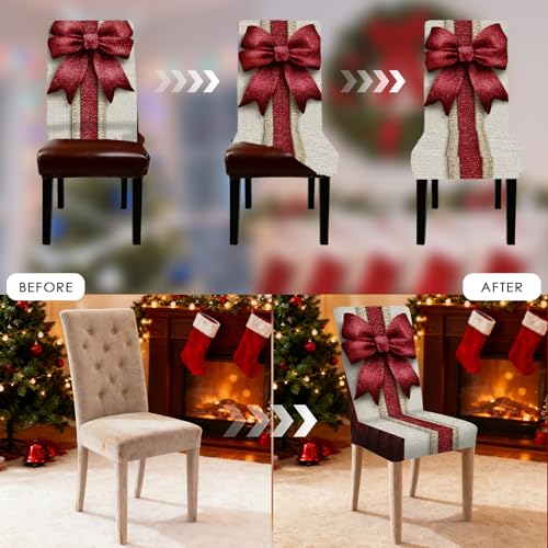 Image of Nuxovilar 4PCS Red Bow Design Stretch Chair Covers 23.6x70in | Holiday Slipcover Festive Protector Bow Wrap Seat Guard Dining Room Family Gathering Party (Red Bow Design)