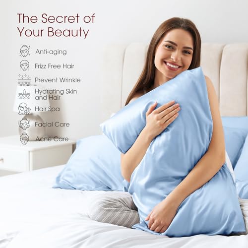 Image of 100% Silk Pillow Cases 2 Pack King Size Mulberry Silk Pillowcase for Hair and Skin Set of 2 Highest Grade 6A Silk Soft Breathable Cooling with Hidden Zipper, Sky Blue