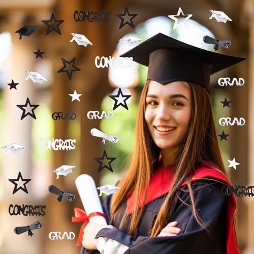 Image of Silver and Black Graduation Confetti 2026, 1000 Pcs Congrats Grad Confetti Class of 2026 Party Table Centerpiece for 2026 Graduation Party Decorations