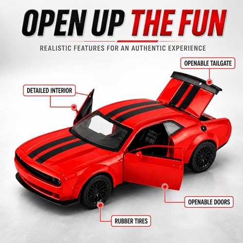 Image of GRAPHENE 1:32 Scale Challenger Muscle Car Die-Cast Alloy Toy with Openable Doors, Light & Sound - Pull Back Action Racing Vehicle for Kids Boys Girls (Ages 3+) (Red)