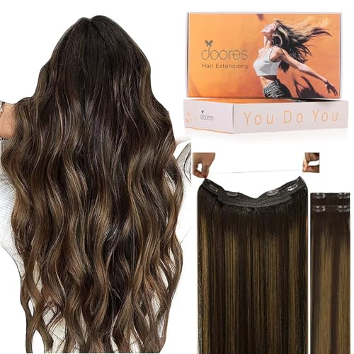DOORES Wire Hair Extensions, Balayage Dark Brown to Chestnut Brown 12 Inch 70g Fish Line Weft Extensions and 2pcs 30g Clip ins, 100g Invisible Wire Real Human Weft Seamless Hairpiece