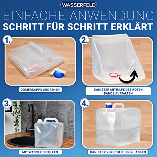 WASSERFELD ® [1x20L] Wasserkanister Faltbar inkl. auslaufsicherem Dosierhahn & Tragehenkel - Robuster Trinkwasserkanister mit Verschlussklappe - Auslaufsicherer Wasserbehälter