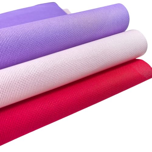 Image of KCS 3 pc of 15 inch x 18 inch(38cmx45cm) 18 Count Cross Stitch Cotton Aida Cloth Needlework Rolled Fabric Box,18CT,Lavender+Pink+Red