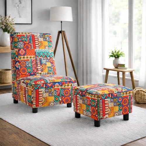 Image of Rosebell 1 Seater Wooden Sofa Set with Ottoman | Multicolor Printed Fabric Sofa | Comfortable Living Room & Office Sofa Set