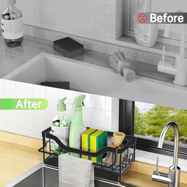 Sponge Holder for Kitchen Sink - Sink Caddy Organizer with Auto Drain Tray, Detachable Towel Rack, Stainless Steel Kitchen Counter Organizer Rack, Black