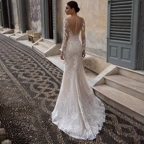Mermaid Wedding Dresses for Bride Lace Appliques Tulle Boho Beach Bride Dress with Train He89213