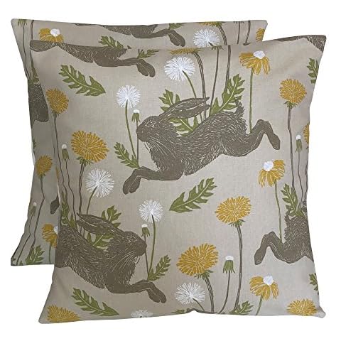 CUSHIONS2U Pack Of Two 2 x 16" x 16" (40cm x 40cm) Handmade Clarke & Clarke March Hares Linen Mustard Yellow White Brown Cushion Covers Cover